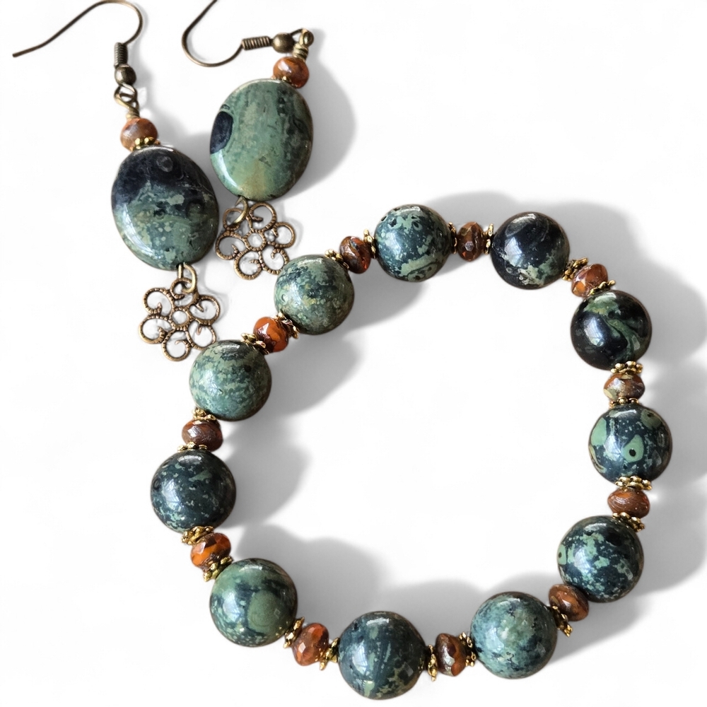 Kambaba Jasper And Earring Set Czech Glass Vintage Antique Gold Stretch Bracelet